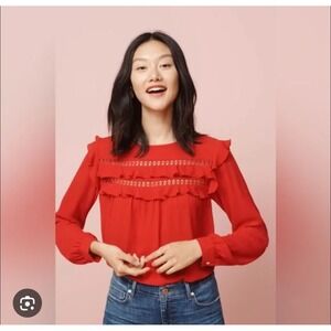 LOFT Blouse Womens XS Red Long Sleeve Ruffle Lace Trim Pullover Top Polyester‎